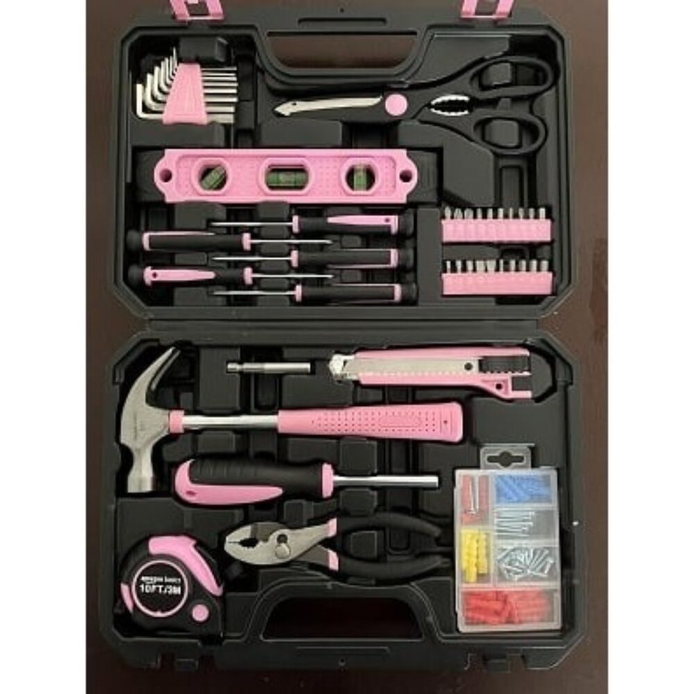 New Household Tool Kit, Storage Case, 142 Piece, Pink, 13.39 x 9.25 x 2.95 inch